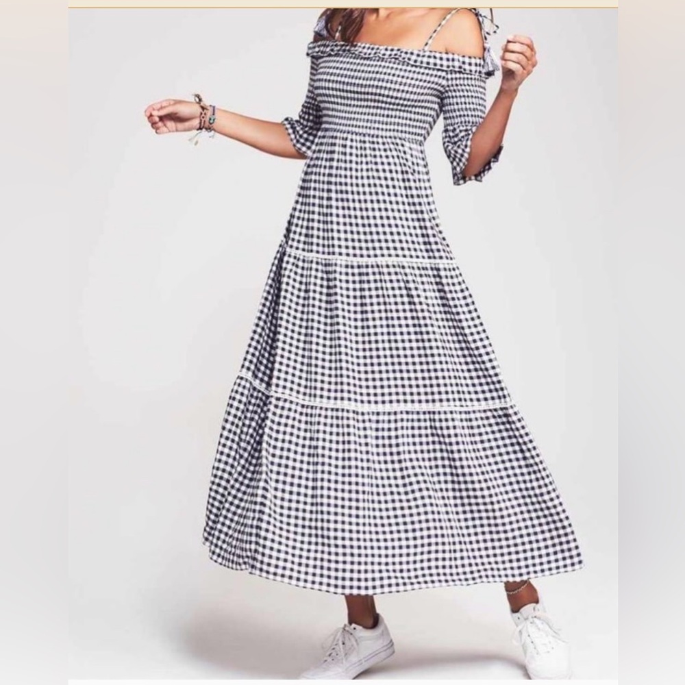 Faherty Sylvie Dress Blue Gingham Smocked Tiered Maxi WDU1931-BGI Womens XS NEW